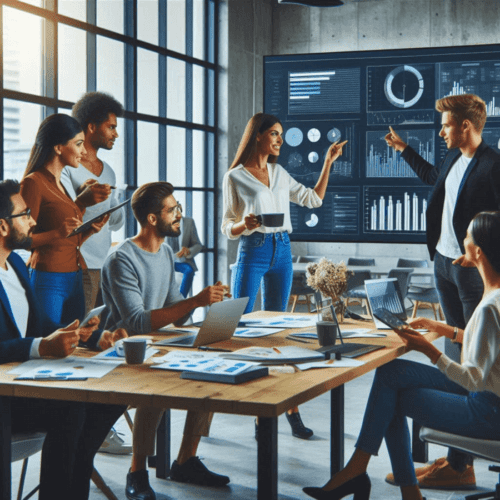 L'équipe data au complet. Réunion pour trouver des tendances dans les données. Aujourd’hui, l’analyse des données de vente est essentielle pour les entreprises.